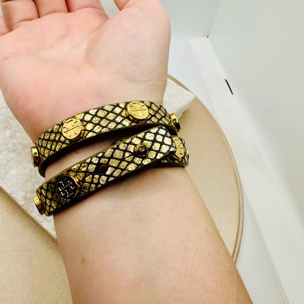 EUC Tory Burch Miller Stud Double Wrap Metallic Gold Exotic Snakeskin Bracelet